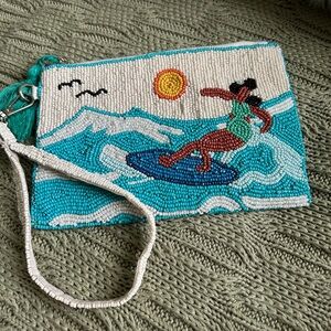 Hand-Beaded Surfing Wristlet Clutch - Turquoise & White